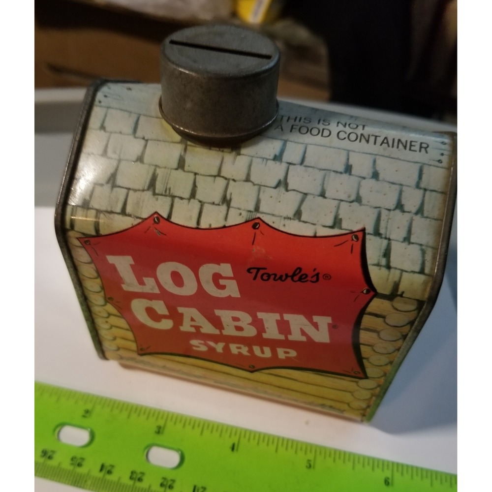 Tin Coin bank Advertising Towles Log Cabin House Kids mother syrup 1950's